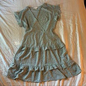 Sage Green Floral Ruffled Above-the-knee Dress V Neck